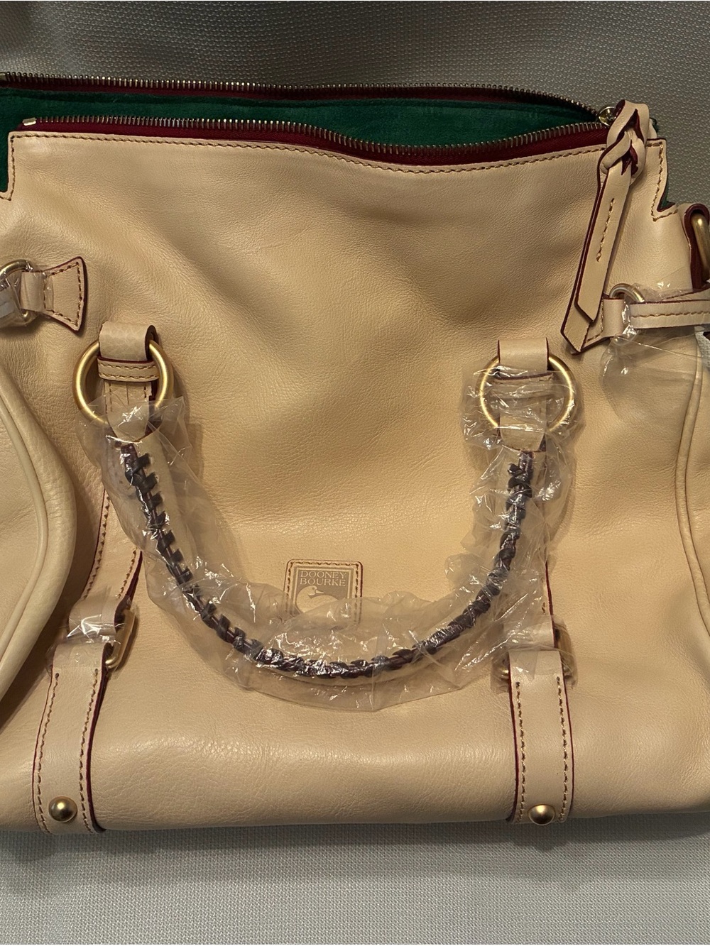 Dooney & Bourke Cream Satchel with Dark Trim and Gold Hardware